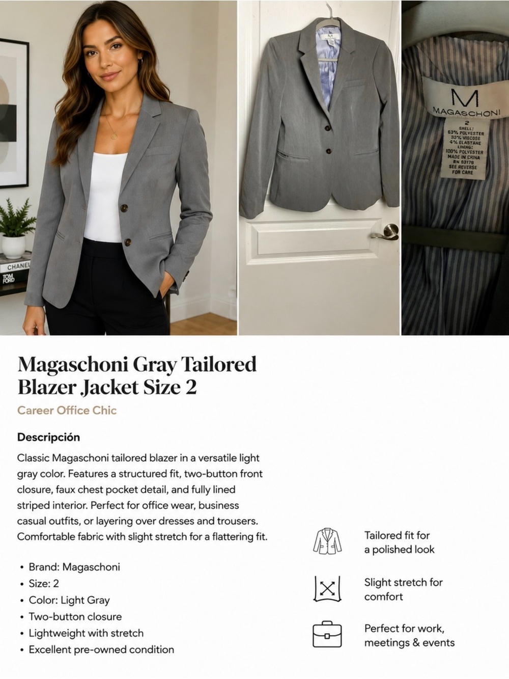Magaschoni Gray Tailored Blazer Jacket Size 2 Career Office Chic
